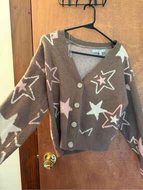 Celebrity Pink Brown Star-Pattern V-Neck Button Cardigan